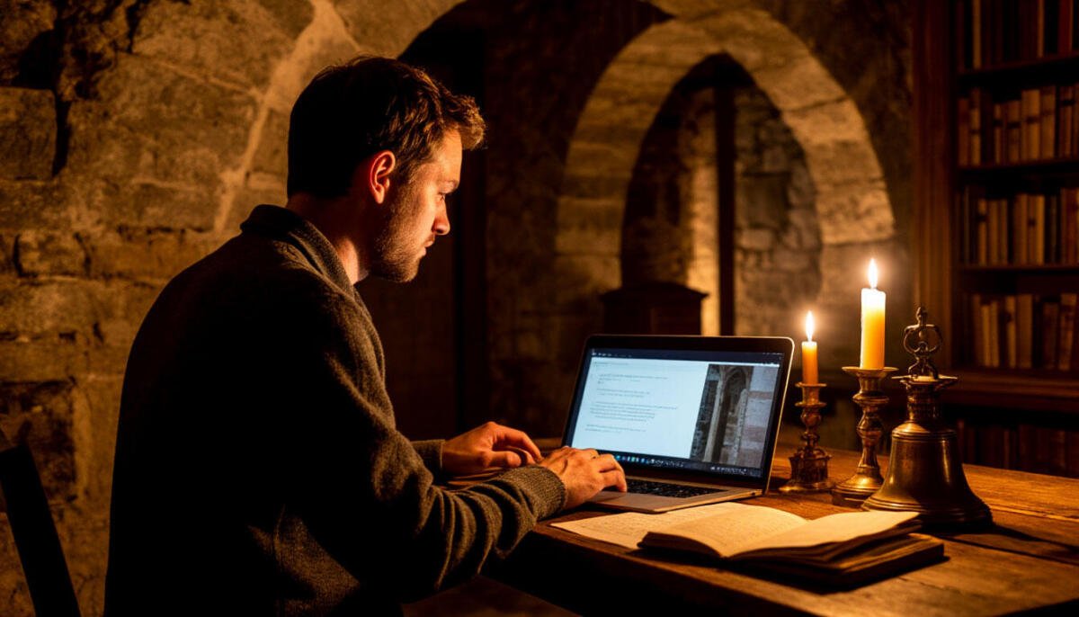 Спокойная вечерняя сцена работы за столом с ноутбуком и книгами